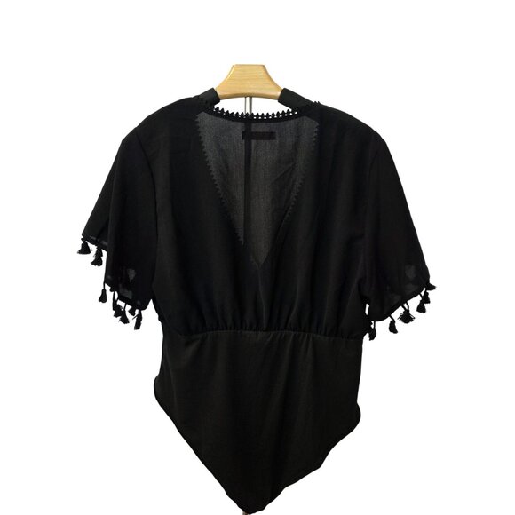 Shein Curve Black V-Neck Tassel Bodysuit Size L - Picture 2 of 8